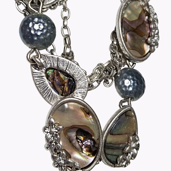 Vintage America Boho Abalone Shell Blue Beaded Statement Silver Tone Necklace - Picture 3 of 9